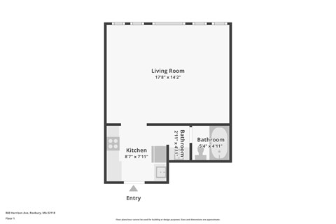 A floor plan of a one bedroom apartment in Burbank, MA.